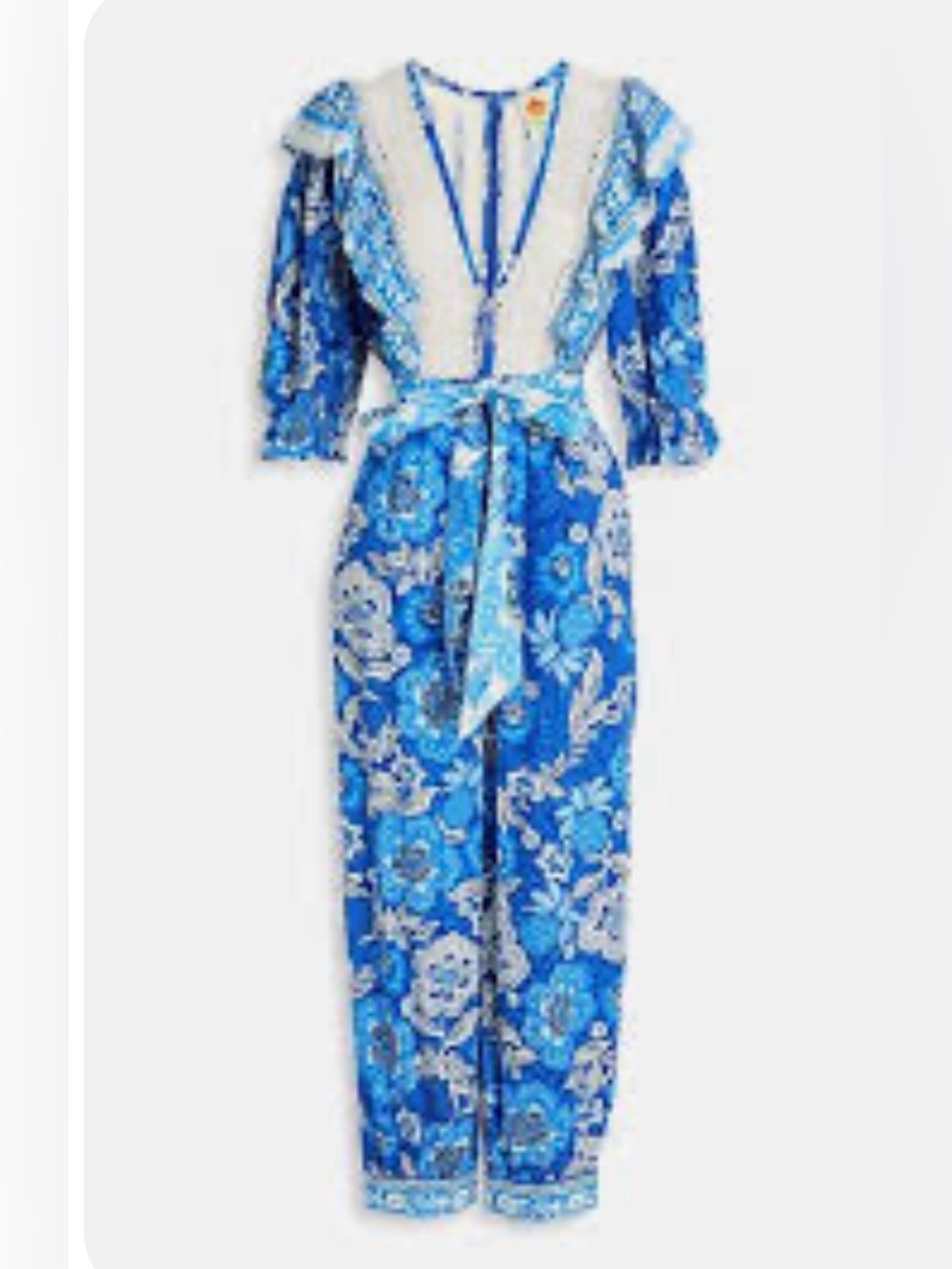 FARM Rio Full of Flowers Blue Floral Lace Jumpsuit Small Flaw Vacay Boho S-S
